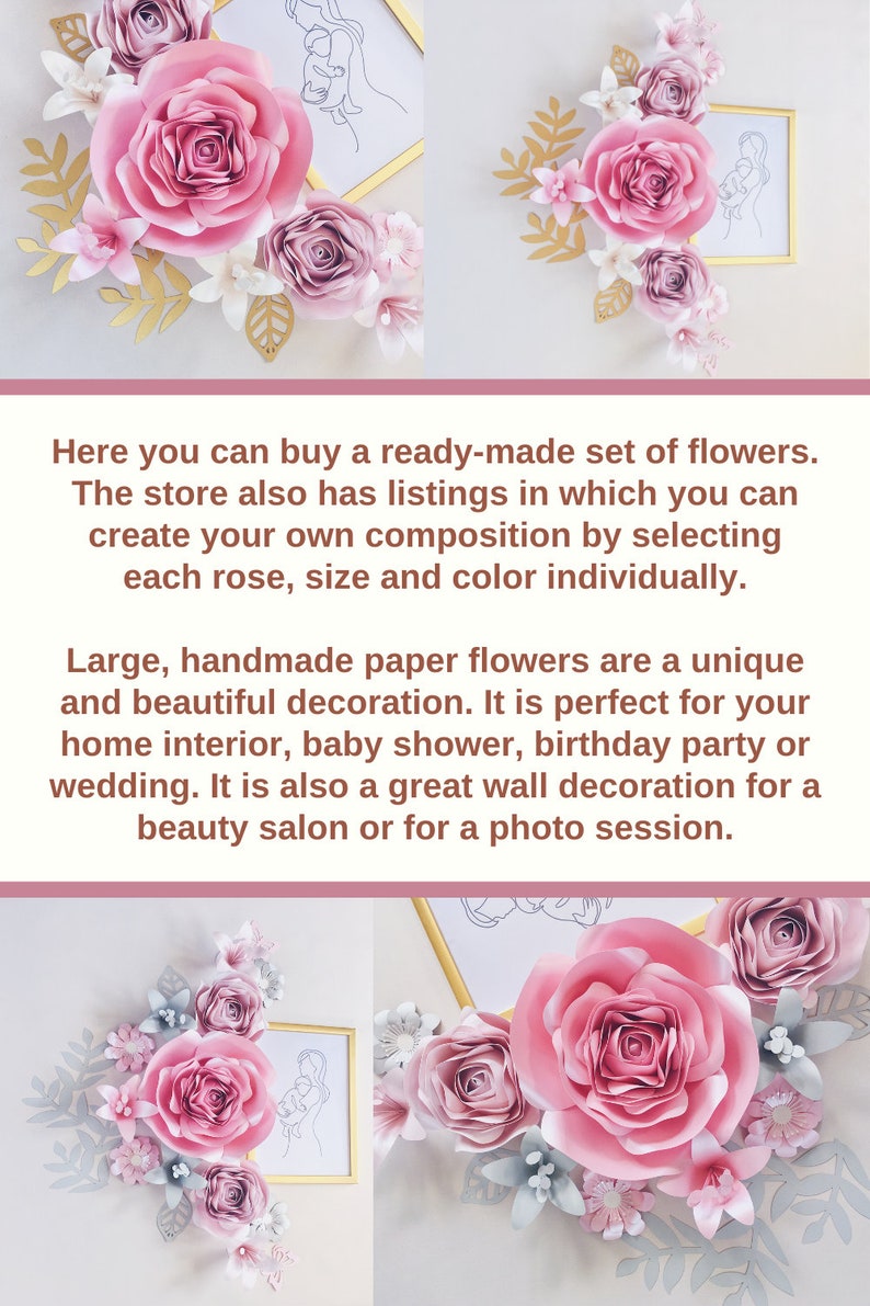 May include: Large pink paper flowers with white and gray accents. The flowers are arranged in a cluster on a wall with a framed drawing of a mother and child. The flowers are a unique and beautiful decoration for a home, baby shower, birthday party, wedding, beauty salon, or photo session.