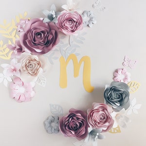 PAPER FLOWERS WALL decor + free name sign, floral baby shower decorations, pink and gray wall art, nursery girl room, wall hanging decor