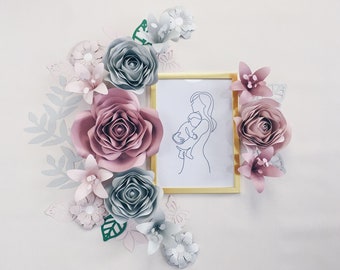 FLORES DE PAPEL GRANDES decoración de la pared, decoración de flores para la habitación de las niñas, rosas y grises arte de la pared, flores de la pared del vivero, fondo floral del baby shower
