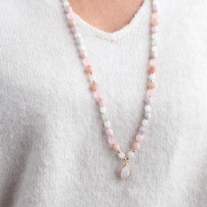 Moonstone, Kunzite, Rose Quartz, Aquamarine and Sunstone mala necklace, New Beginnings mala, 108 beads, rose gold, gift for her,