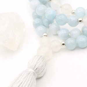 Aquamarine & Quartz mala necklace, mala bead, 108 beads mala, mala bead necklace, aquamarine, birthstone jewelry, tassel mala, gift for her