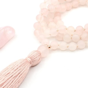 Rose Quartz mala necklace - LOVE - handknotted 108 mala necklace, gemstone japa mala tassel necklace, rose quartz mala, mala beads 108, gift