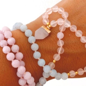 Rose Quartz, Aquamarine and Kunzite mala necklace, Ombre mala, 108 beads, gold beaded necklace, , mothers day mala, gift for her, christmas