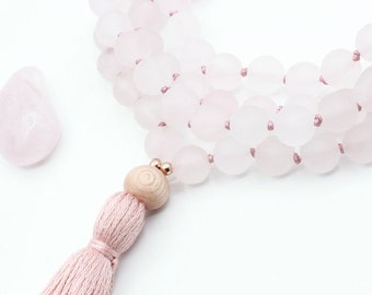 Rose Quartz mala necklace - LOVE - handknotted 108 mala necklace, gemstone japa mala tassel necklace, rose quartz mala, mala beads 108, gift