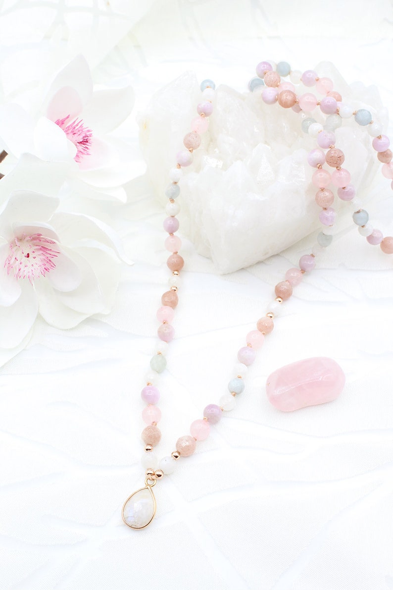 Moonstone Kunzite Rose Quartz Aquamarine and Sunstone Mala Etsy