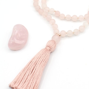 Rose Quartz mala necklace - LOVE - handknotted 108 mala necklace, gemstone japa mala tassel necklace, rose quartz mala, mala beads 108, gift