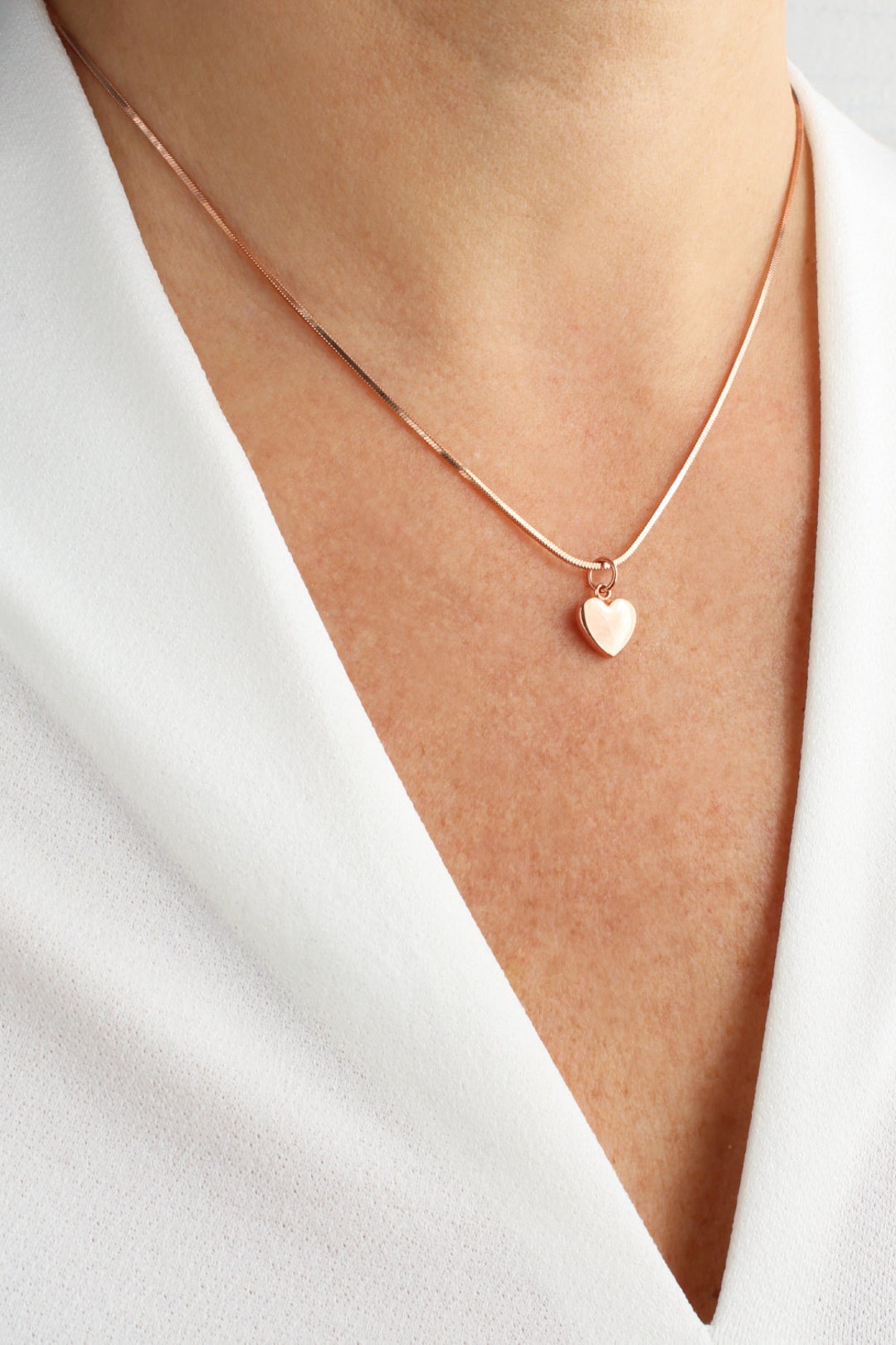 Rose Gold Snake Chain Necklace With Rose Gold Heart, Rose Gold Snake Necklace, Rose Gold Jewelry