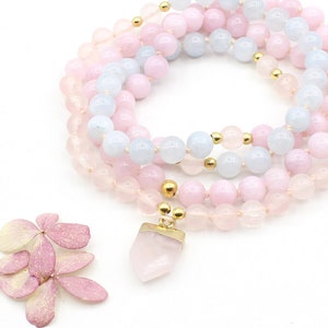 Rose Quartz, Aquamarine and Kunzite mala necklace, Ombre mala, 108 beads, gold beaded necklace, , mothers day mala, gift for her, christmas