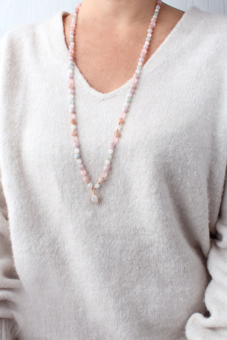 Moonstone Kunzite Rose Quartz Aquamarine and Sunstone Mala Etsy