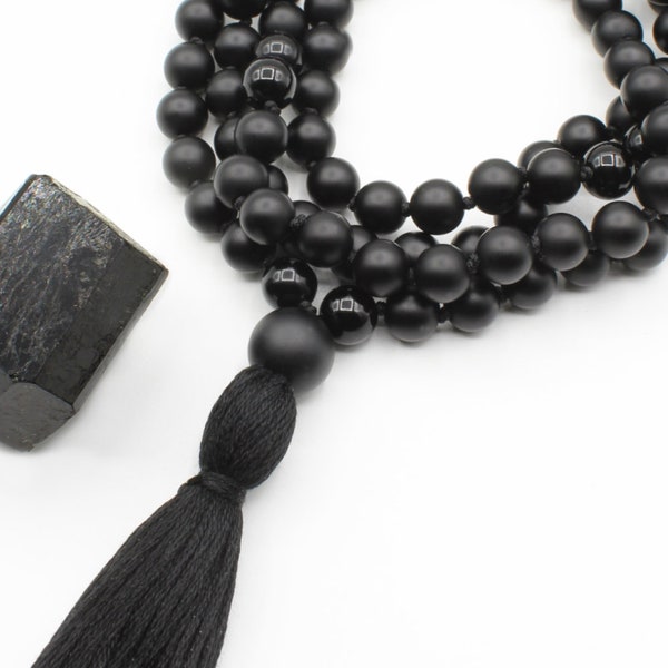 Schwarzer Turmalin und Onyx Mala, Halskette aus schwarzem Turmalin, Edelstein, Geschenk für Sie, Geschenk für Sie