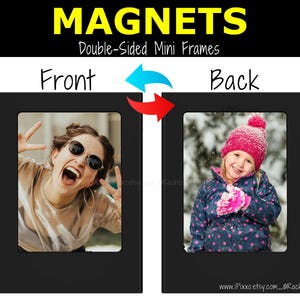 May include: Double-sided mini photo frame magnets with a black frame and a clear window. The front shows a woman smiling and making a peace sign. The back shows a young girl wearing a pink hat and a polka dot jacket in a snowy scene. The text "www.iPixxo.etsy.com/_Rachel_Mila" is at the bottom of the back side.