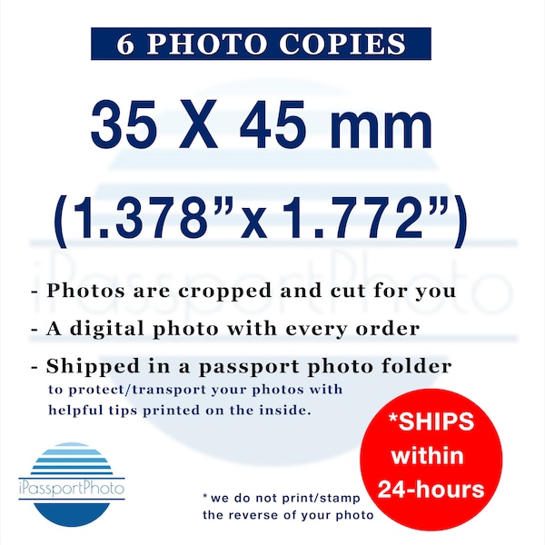 35 mm x 45 mm Passport Photos, (6) Cut 35x45 mm ID Picture Size Photos, Six 35x45 mm ID Prints (1.378 x 1.772"), Digital Passport-Size Photo