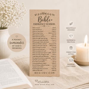 May include: A rectangular tan card titled Bible Emergency Numbers with a list of life situations and corresponding scripture references. The card features black text, decorative leaf accents, and the text RachelMila and ipixxo.etsy.com.
