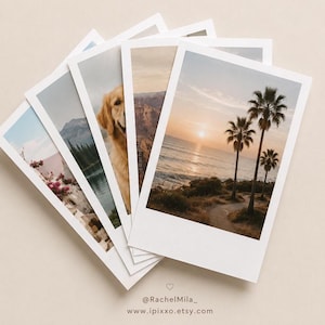 May include: A fan of five rectangular photographic prints with white borders. The images display a sunset over the ocean with palm trees, a golden retriever dog, a mountain landscape, and floral architecture. Text at the bottom reads @RachelMila_ www.ipixxo.etsy.com.