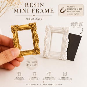 May include: Two resin mini frames, one gold and one white, featuring ornate decorative borders. The frames are designed to fit photos measuring 1 inch by 1.45 inches. A black magnetic sheet is included to secure photos to the back of the frame.