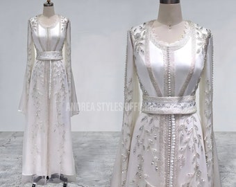 Custom Luxury Sparkly Kaftan, Moroccan Bridal Crystal Kaftan, Traditional Embroidery Caftan Bridal, Wedding Kaftan Gown with Long Sleeves