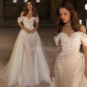 Custom Luxury Mermaid Wedding Dress, Sweetheart Off The Shoulder Lace Beaded Robe De Mariee with Detachable Train, Plus Size Wedding Dress