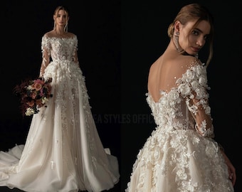 Robe de mariée de luxe sur mesure, Robe de mariée à manches longues en dentelle, fleurs 3D et appliques, Robe de mariée grande taille