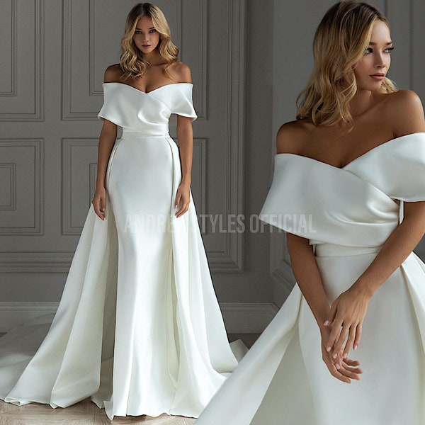 Custom Mermaid Satin Wedding Dress with Detachable Train , Minimalistic Off-The-Shoulder Silk Wedding Dress, Plus Size Wedding Dress