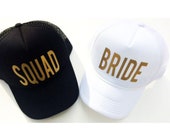 Bride and squad gold bachelorette party trucker hats, bridal party gifts