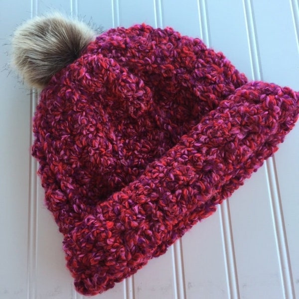 Adult size or teen chunky deep magenta textured winter slouch hat crochet beanie with faux fur pom