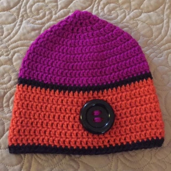 Magenta and Orange Crochet Pixie Hat Black Button Detail Halloween Hat Girls Winter Beanie