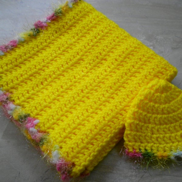 Bright Yellow Crochet Doll Blanket & Hat