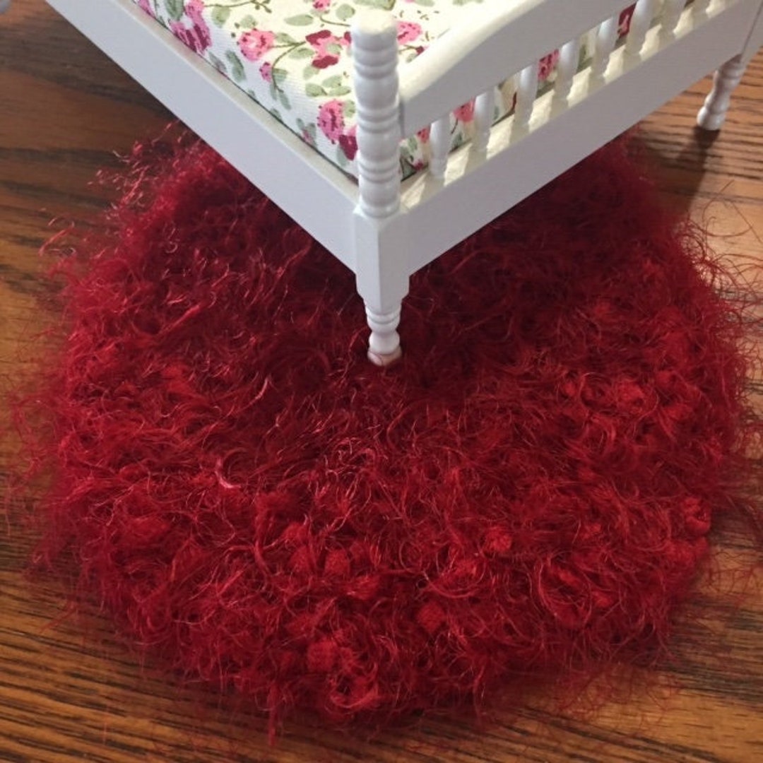 Dollhouse Rug, Miniature Red Round Fuzzy Rug, Red Crochet Mug Rug ...
