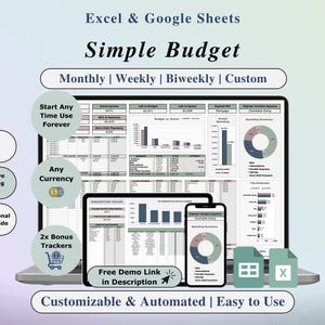 Simple Budget Spreadsheet Excel Template Google Sheets Budget Planner Weekly Monthly Expense Tracker Budgeting Spreadsheet Personal Finance