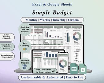 Planilha de orçamento simples em Excel, modelo do Google Sheets, planejador de orçamento, rastreador de despesas semanais e mensais, planilha de orçamento para finanças pessoais.