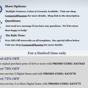 May include: Promotional graphic with text offering discounts. The text includes "More Options," "Questions," and "On Sale Now." It also lists discount offers: 65% off, 70% off, and 75% off with promo codes. The shop name is ComputedPlanning.