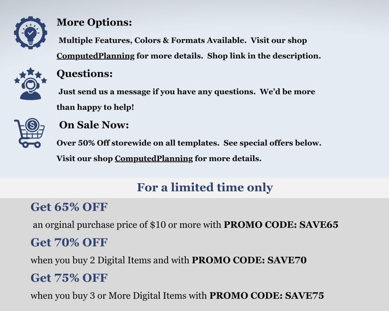 May include: Promotional graphic with text offering discounts. The text includes "More Options," "Questions," and "On Sale Now." It also lists discount offers: 65% off, 70% off, and 75% off with promo codes. The shop name is ComputedPlanning.