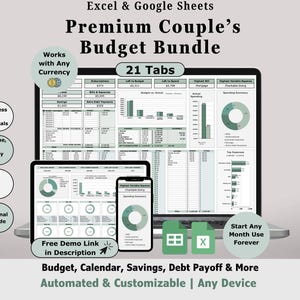 Puede incluir: Un paquete digital de planificación financiera que se muestra en una computadora portátil, tableta y teléfono inteligente. La pantalla muestra hojas de cálculo de presupuesto con gráficos. El texto incluye "Premium Couple's Budget Bundle", "21 Tabs".