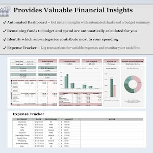 May include: A digital financial dashboard with charts and tables. The text reads "Provides Valuable Financial Insights" and lists features like automated dashboards and expense tracking. The image includes an expense tracker table.