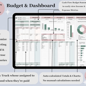 May include: A digital budget dashboard displayed on a tablet. The interface includes sections for income, expenses, and savings, with charts and graphs. Text on the screen includes "Budget & Dashboard", "Cash Flow Budget Summary", and "Easily Customize Budgeting Period & Expense Categories".