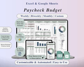 Paycheck Budget Spreadsheet Template Excel Google Sheets Weekly, Biweekly Budget Planner Budgeting Spreadsheet Bill & Subscription Tracker