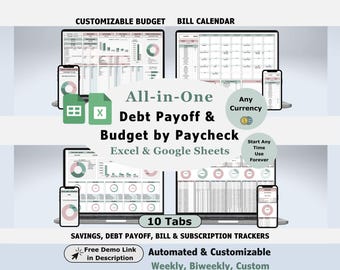 Paycheck Budget Spreadsheet Debt Payoff Tracker Excel Template Google Sheets Debt Planner Loan Repayment Calculator Personal Finance Bundle