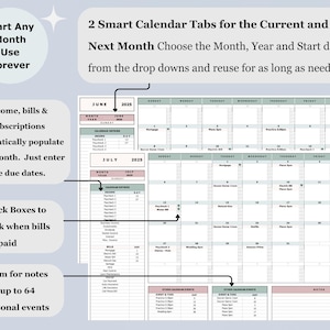 May include: A digital planner with calendar tabs for June and July 2025. The planner includes sections for income, bills, subscriptions, and personal events. It features checkboxes for tracking bill payments and space for notes.