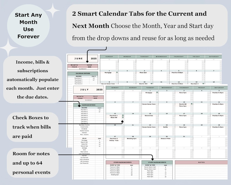 May include: A digital planner with calendar tabs for June and July 2025. The planner includes sections for income, bills, subscriptions, and personal events. It features checkboxes for tracking bill payments and space for notes.