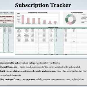 May include: A digital spreadsheet labelled "Subscription Tracker" with charts and tables. The spreadsheet includes sections for tracking costs by category, a spending summary, and subscription details. Text highlights features like customisable categories and global currency.