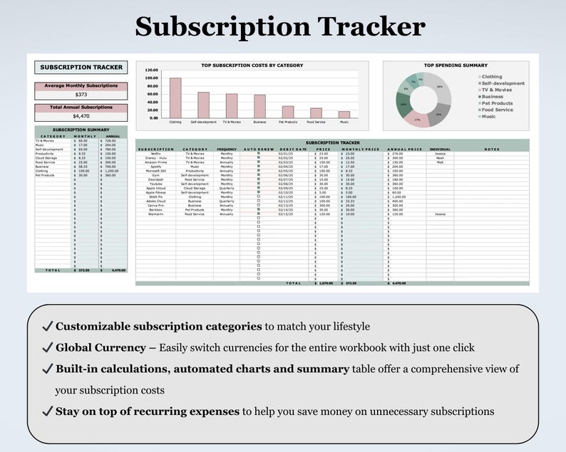 May include: A digital spreadsheet labelled "Subscription Tracker" with charts and tables. The spreadsheet includes sections for tracking costs by category, a spending summary, and subscription details. Text highlights features like customisable categories and global currency.