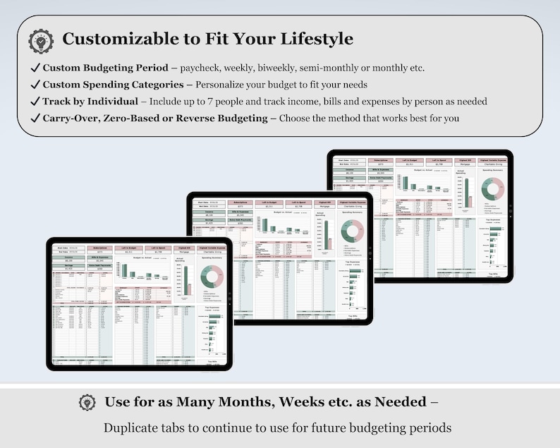 May include: Three digital tablets showing a financial spreadsheet with charts and tables. The tablets are arranged in a staggered layout. Text at the top reads "Customizable to Fit Your Lifestyle". The bottom text says "Use for as Many Months, Weeks etc. as Needed".
