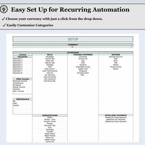 May include: A digital spreadsheet template for financial tracking, featuring sections for income, bills, and savings. The header states "Easy Set Up for Recurring Automation." It includes customizable categories and currency options, with a focus on recurring automation.