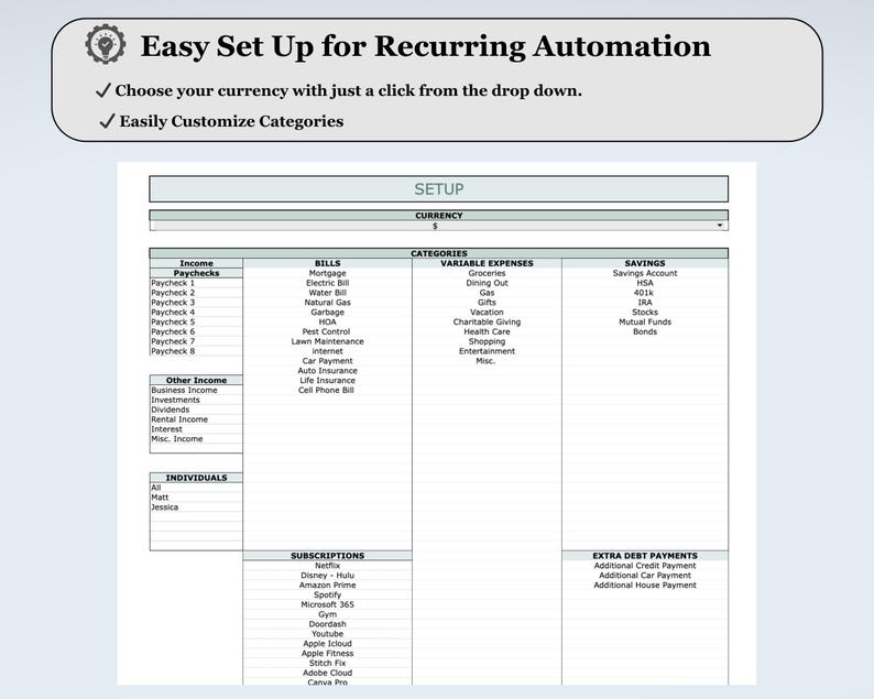 May include: A digital spreadsheet template for financial tracking, featuring sections for income, bills, and savings. The header states "Easy Set Up for Recurring Automation." It includes customizable categories and currency options, with a focus on recurring automation.