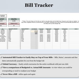 May include: A spreadsheet titled "Bill Tracker" with financial data. The top section displays budgeted and actual amounts, with a total difference. The main table lists bills, budgeted amounts, actual amounts, due dates, and individuals. Additional features are listed below.