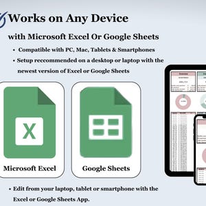 May include: Image showing the Microsoft Excel and Google Sheets logos, with a tablet and smartphone displaying financial data. Text indicates compatibility with various devices and editing capabilities.