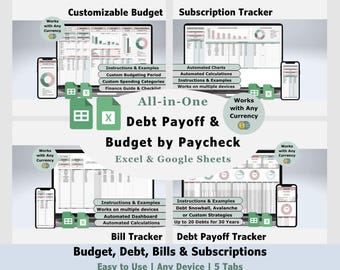 Planilha de Orçamento Salarial, Planilha de Dívidas, Modelo do Excel, Planilha do Google, Rastreador de Pagamento de Dívidas, Calculadora de Pagamento de Empréstimos, Planejador de Finanças Pessoais