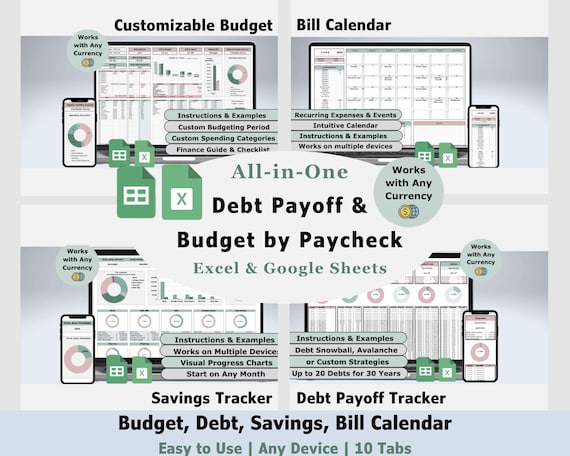 Paycheck Budget Planner Debt Spreadsheet Excel Template Google Sheets Debt Payoff Tracker Loan Repayment Calculator Personal Finance Bundle