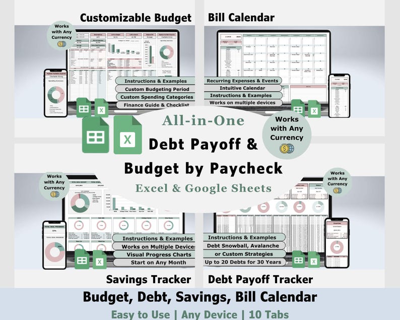 Paycheck Budget Planner Debt Spreadsheet Template for Microsoft Excel and Google Sheets Bundle Personal Finance Tracker