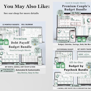 May include: Digital budget bundles for Excel and Google Sheets are displayed on laptops, tablets, and phones. The image includes text such as "Premium Debt Payoff Budget Bundle" and "Premium Couple's Budget Bundle". The bundles offer features like budgeting, savings, and debt payoff.